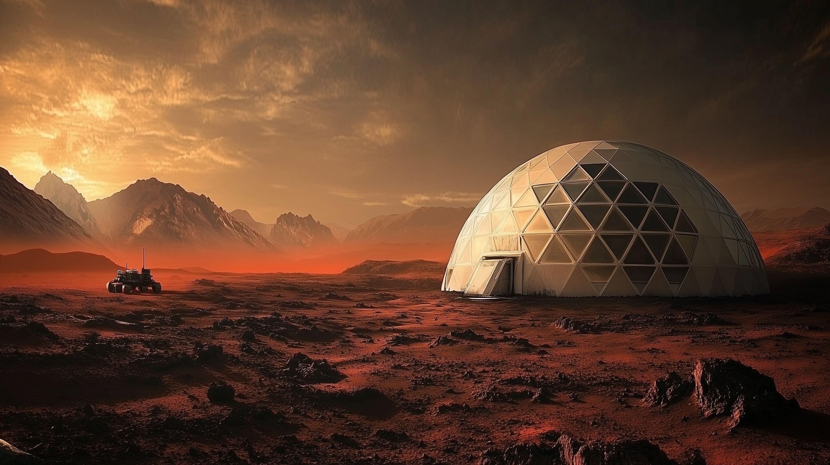 On the surface of mars, a geodesic dome and an abandoned mars rover sit.